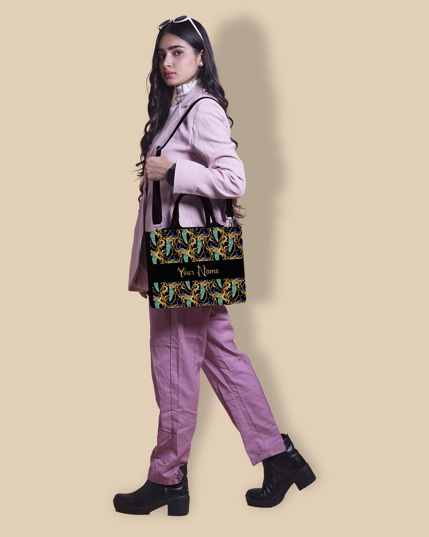 Customized Small Tote Bag Designed with Peacock Clutch Solid Black