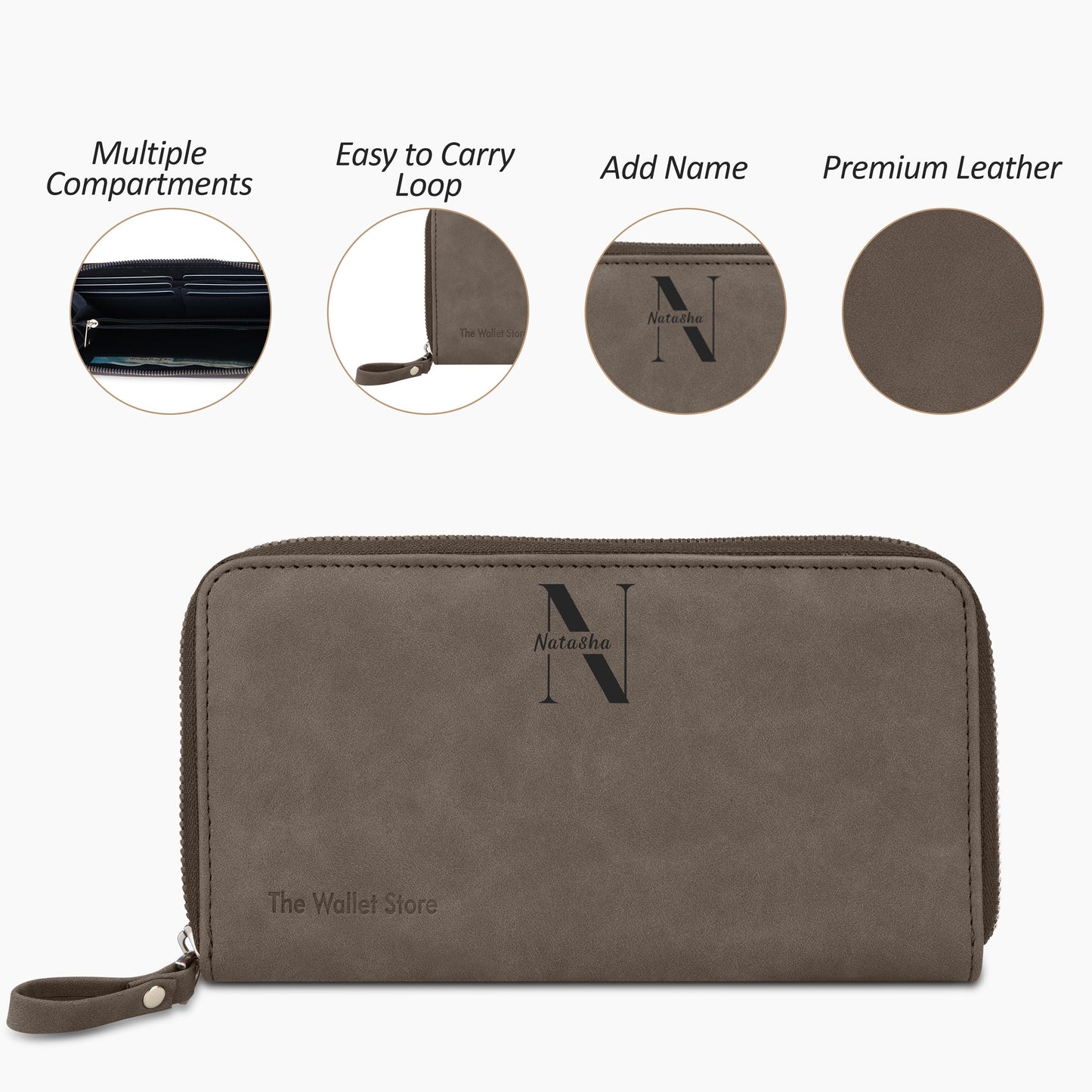 Personalized Suede Leather Zipper Clutch For Her