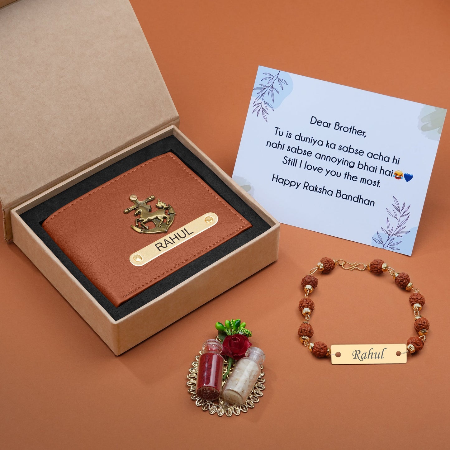 Personalized Premium Leather Wallet, Rudraksh Rakhi & Roli Chawal Gift Set