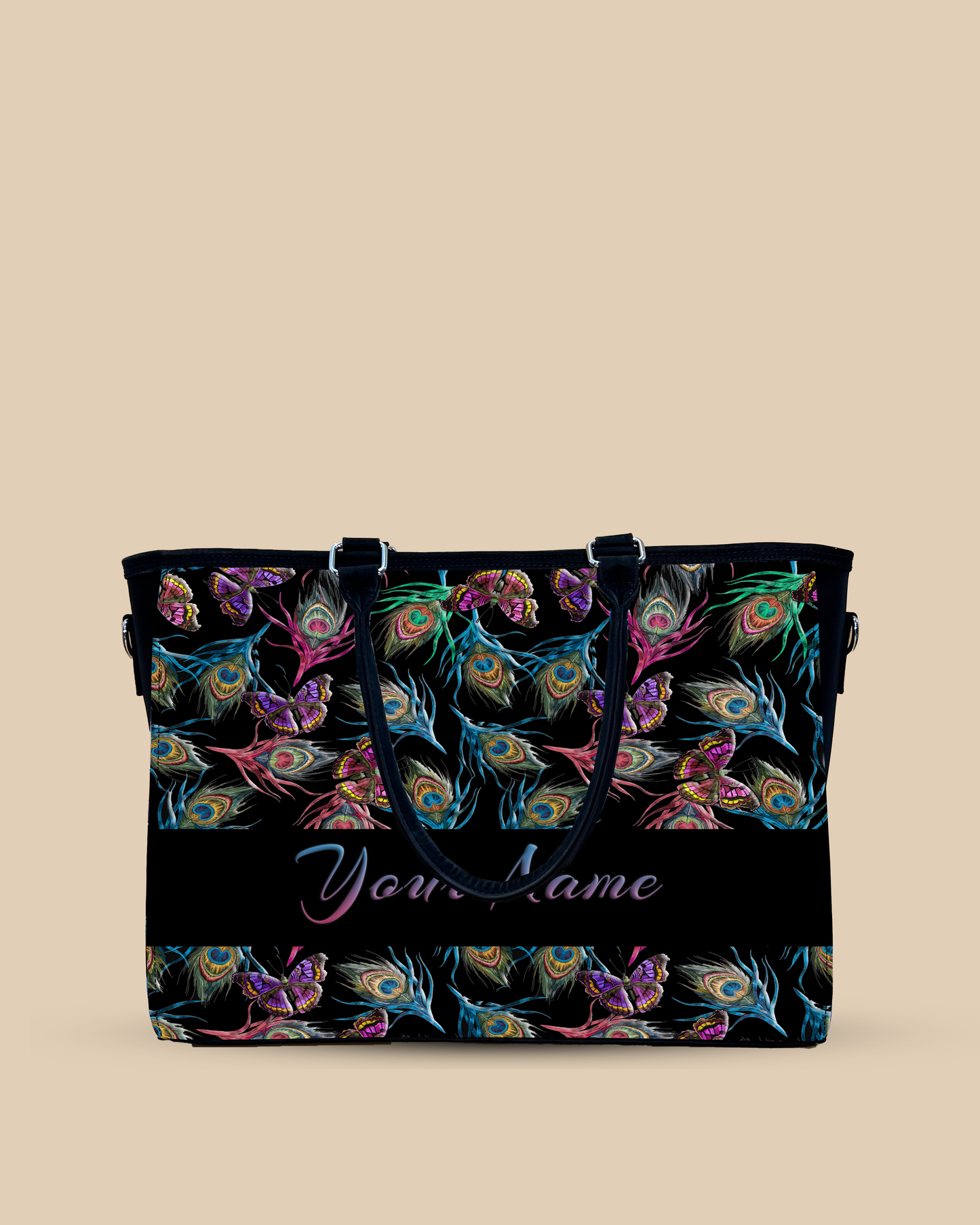 Colorful Peacock Feather And Flying Butterflies Pattern Oversized Tote