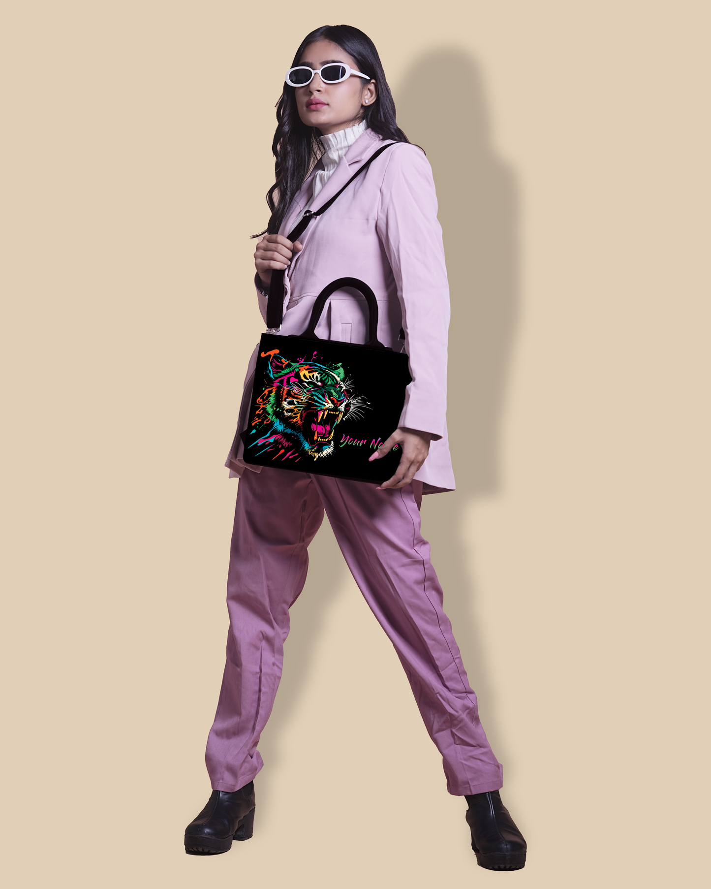 Customized small Tote Bag Designed With Colourfull Roaring Bangal Tiger