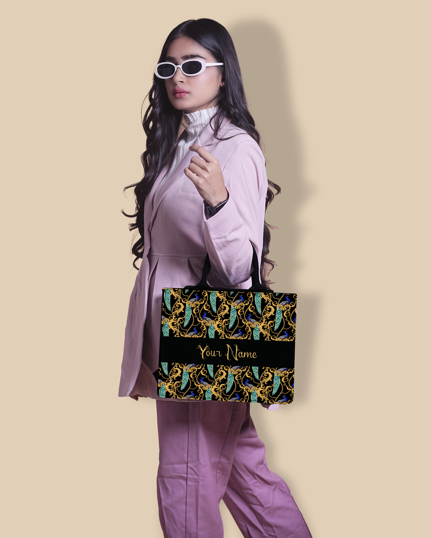 Customized Small Tote Bag Designed with Peacock Clutch Solid Black