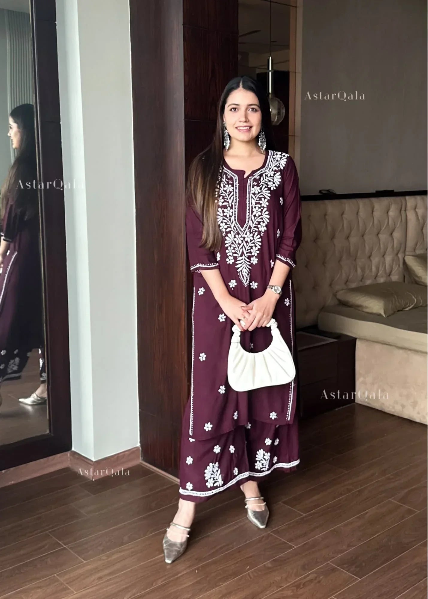 Chikankari Cotton Straight Kurta Set For Women (Wine)