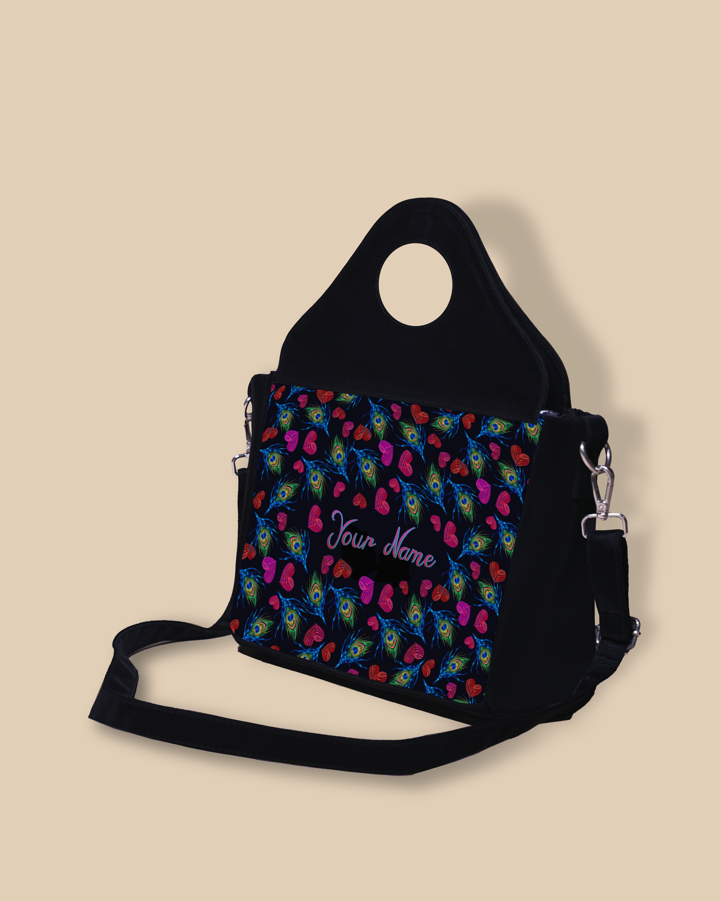 Customized Sling Purse Designed With Colourfull Peacock Feather And Heart Pattern