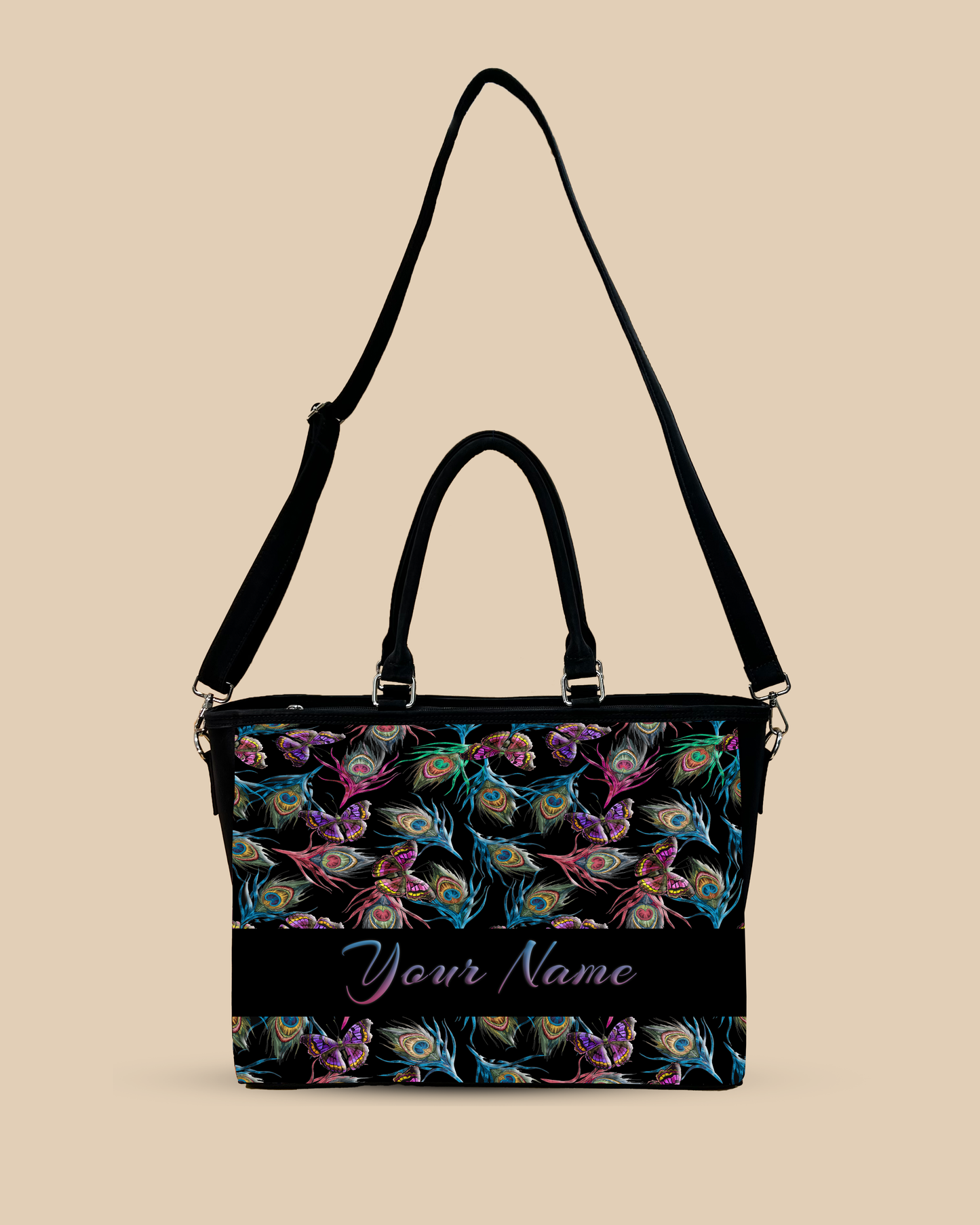 Colorful Peacock Feather And Flying Butterflies Pattern Oversized Tote