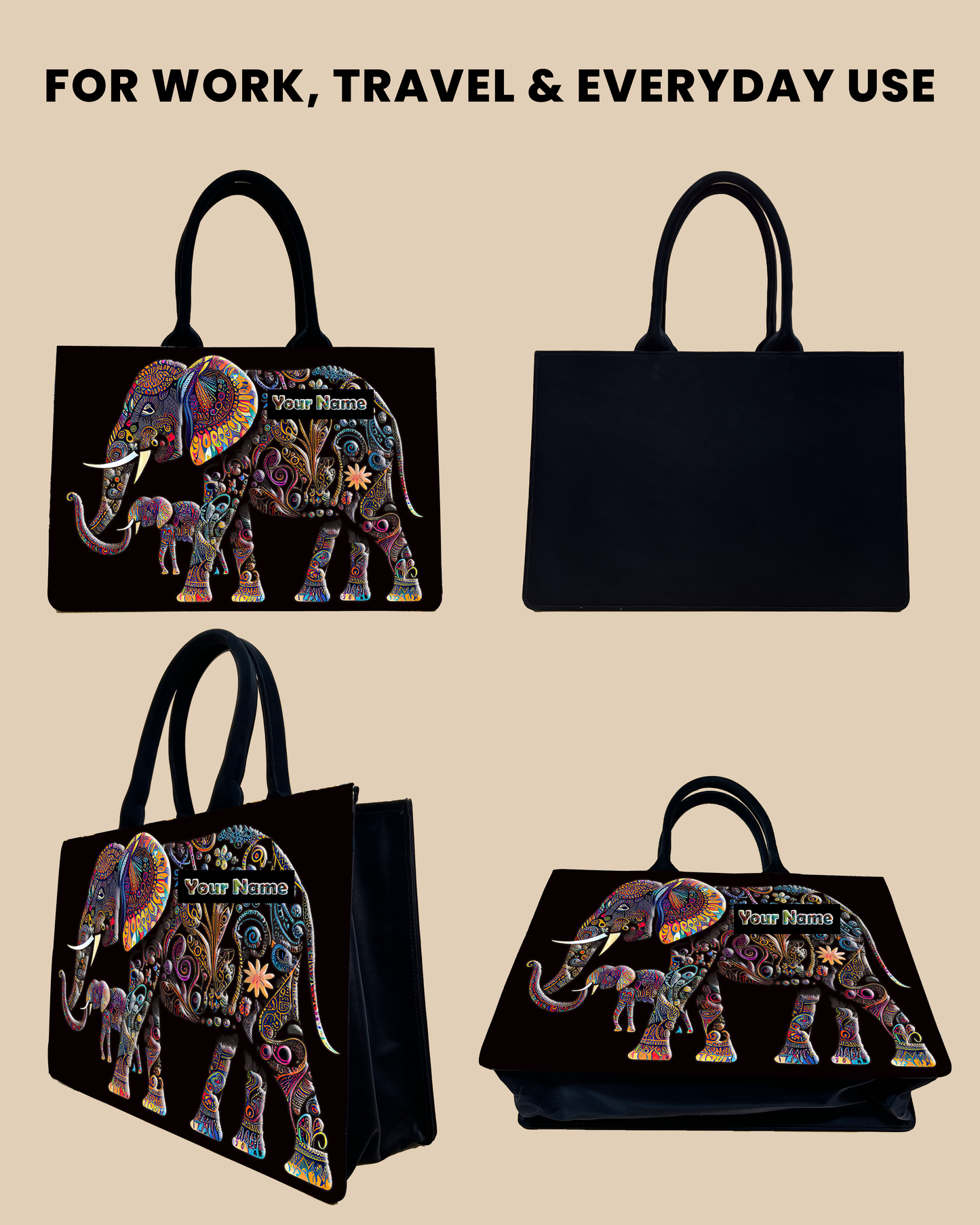 Customized Tote Bag Designed with Baby And Mother Elephant Pattern