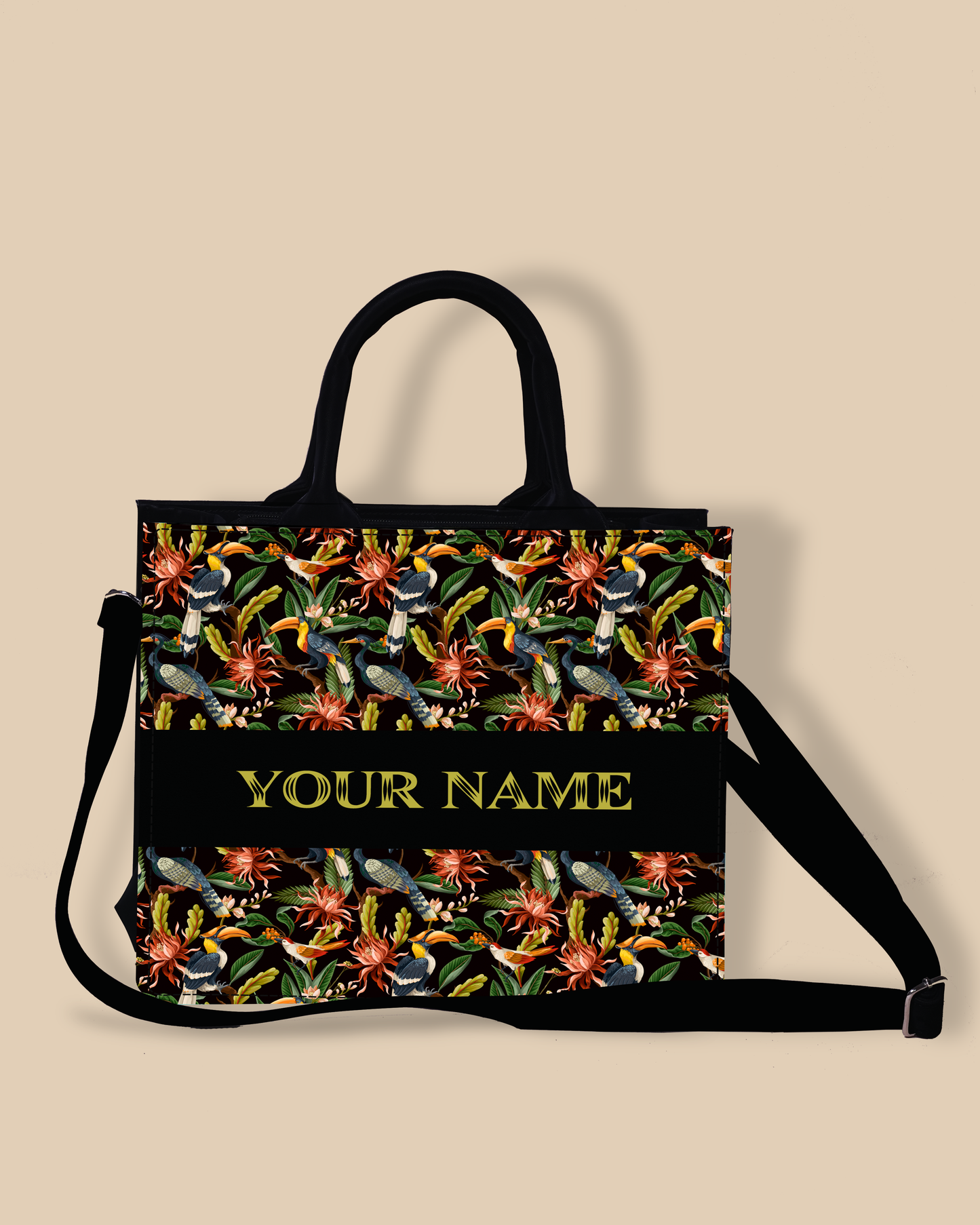 Customized small Tote Bag Designed with Hornbill , Carens Birds And Tropical Flowers