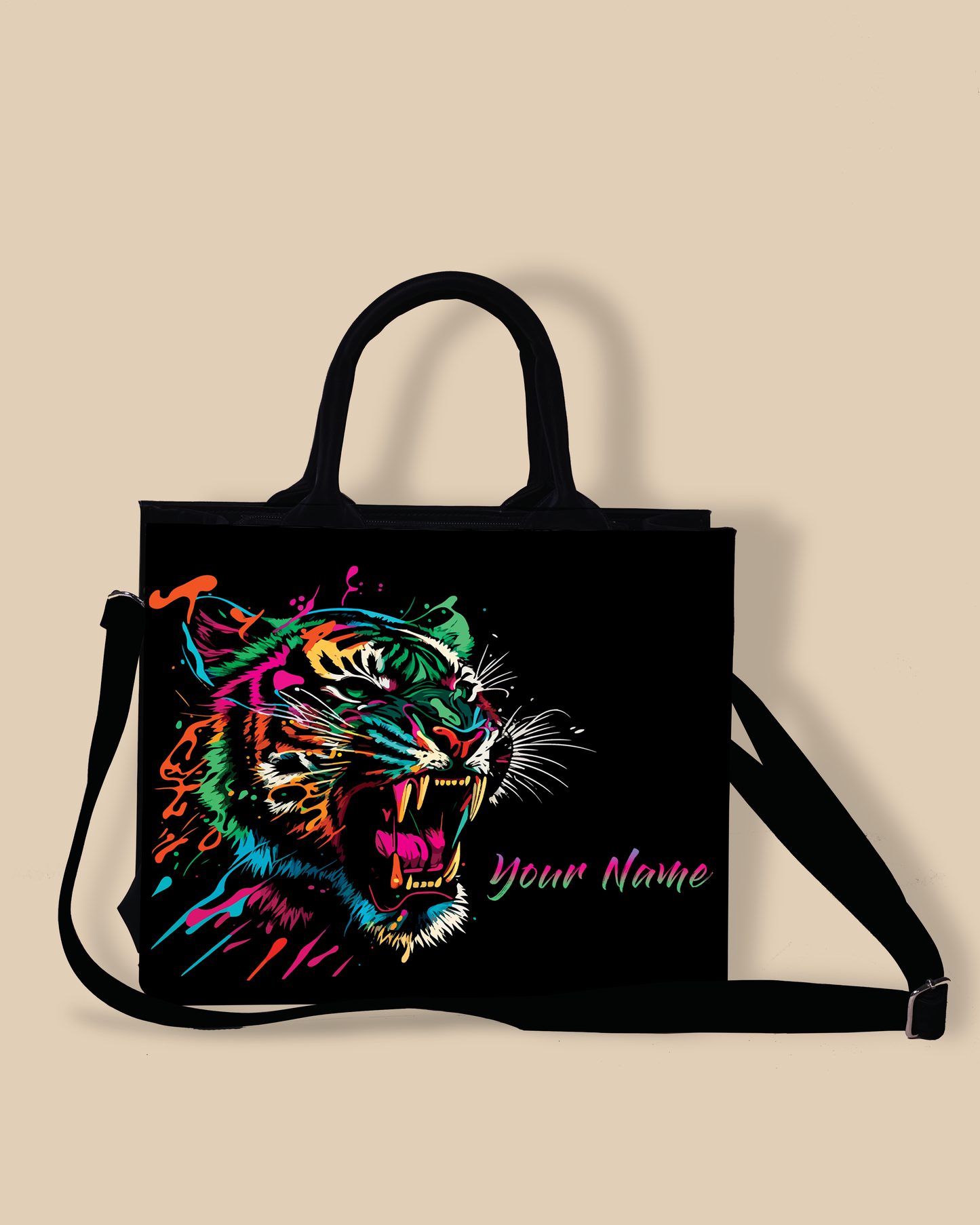 Customized small Tote Bag Designed With Colourfull Roaring Bangal Tiger