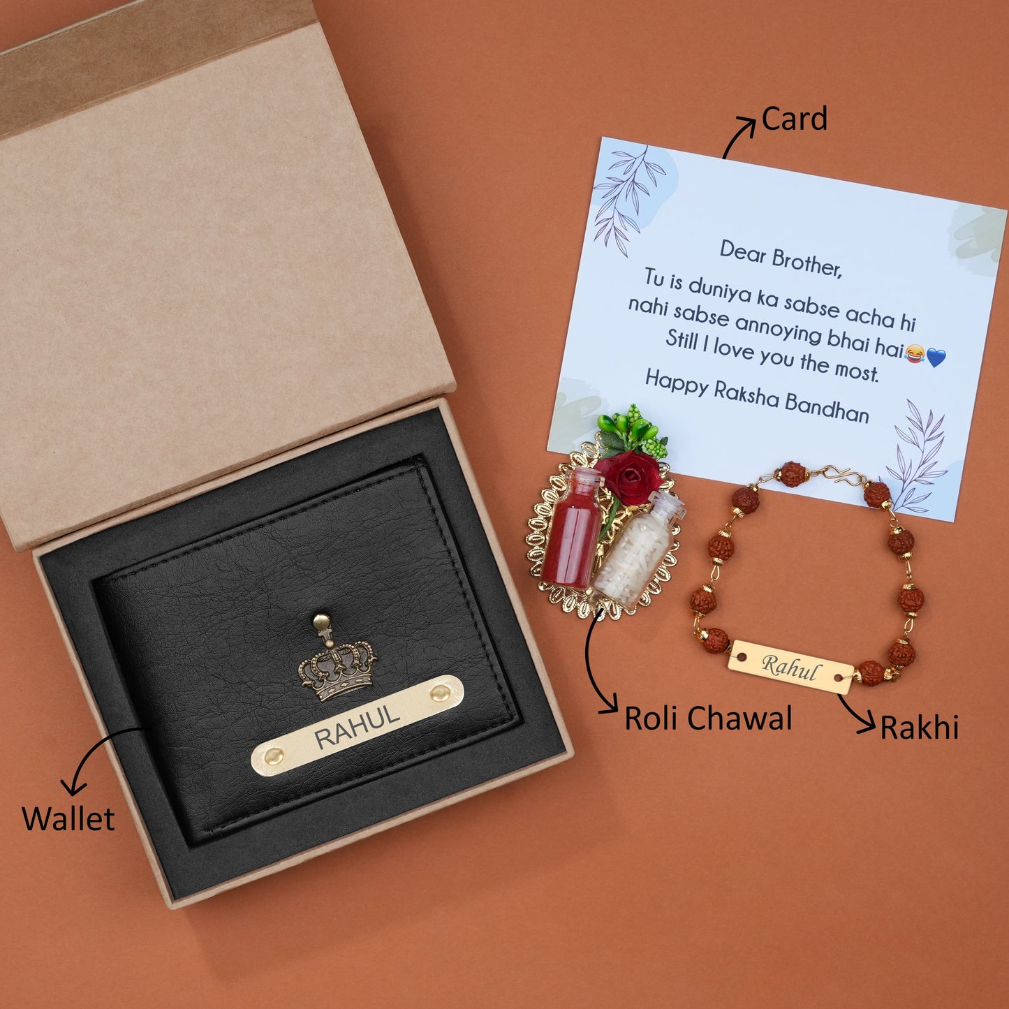 Personalized Premium Leather Wallet, Rudraksh Rakhi & Roli Chawal Gift Set