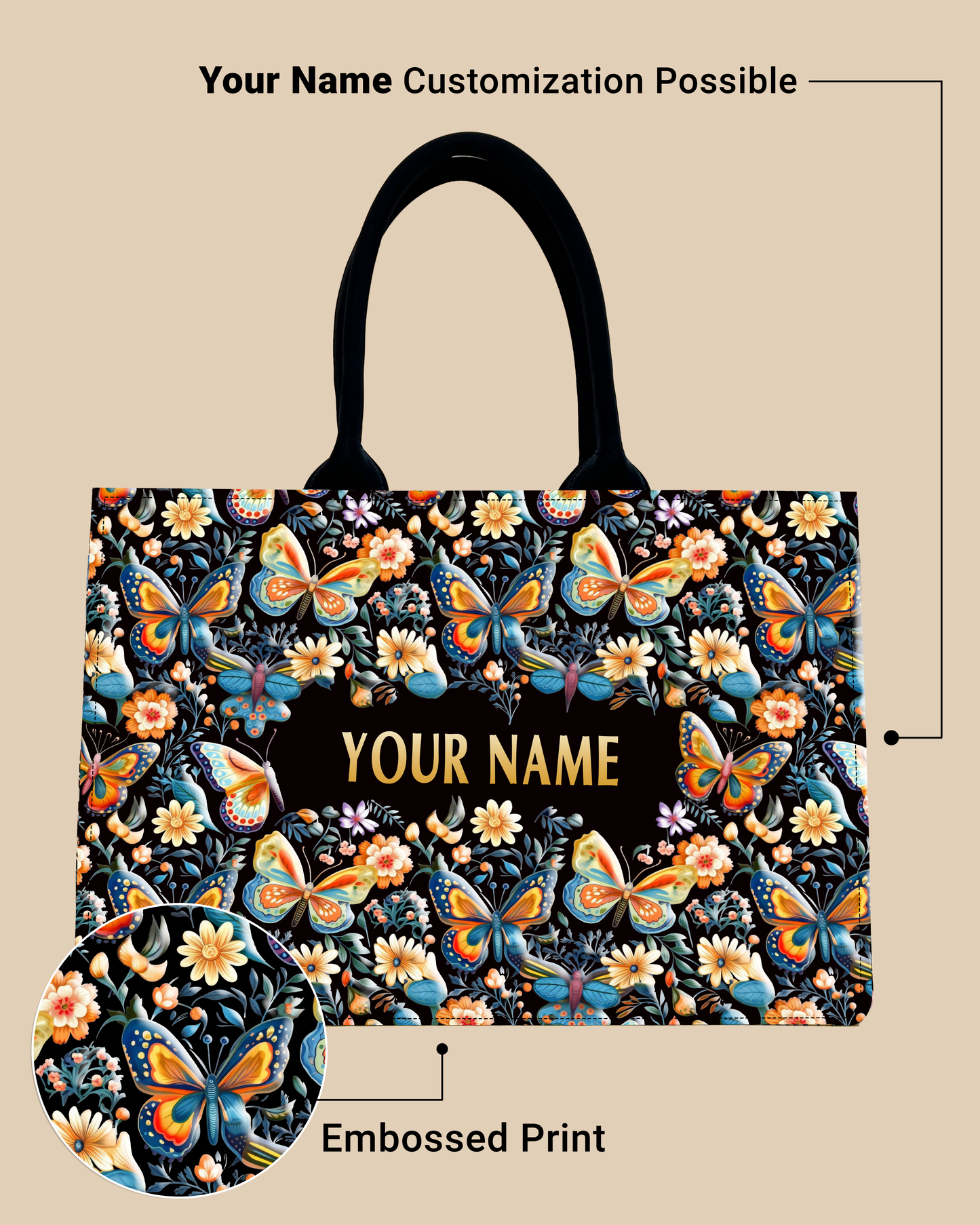 Customized Tote Bag Designed With Blossom Colourfull Butterflies
