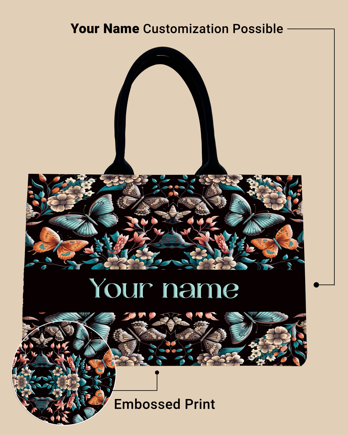 Customized Tote Bag Designed with Beautiful Boho Butterflies With Flowers