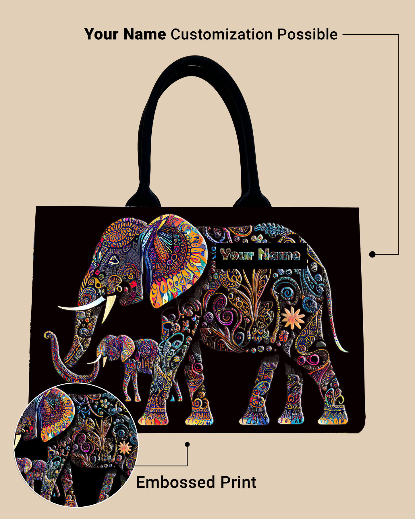 Customized Tote Bag Designed with Baby And Mother Elephant Pattern