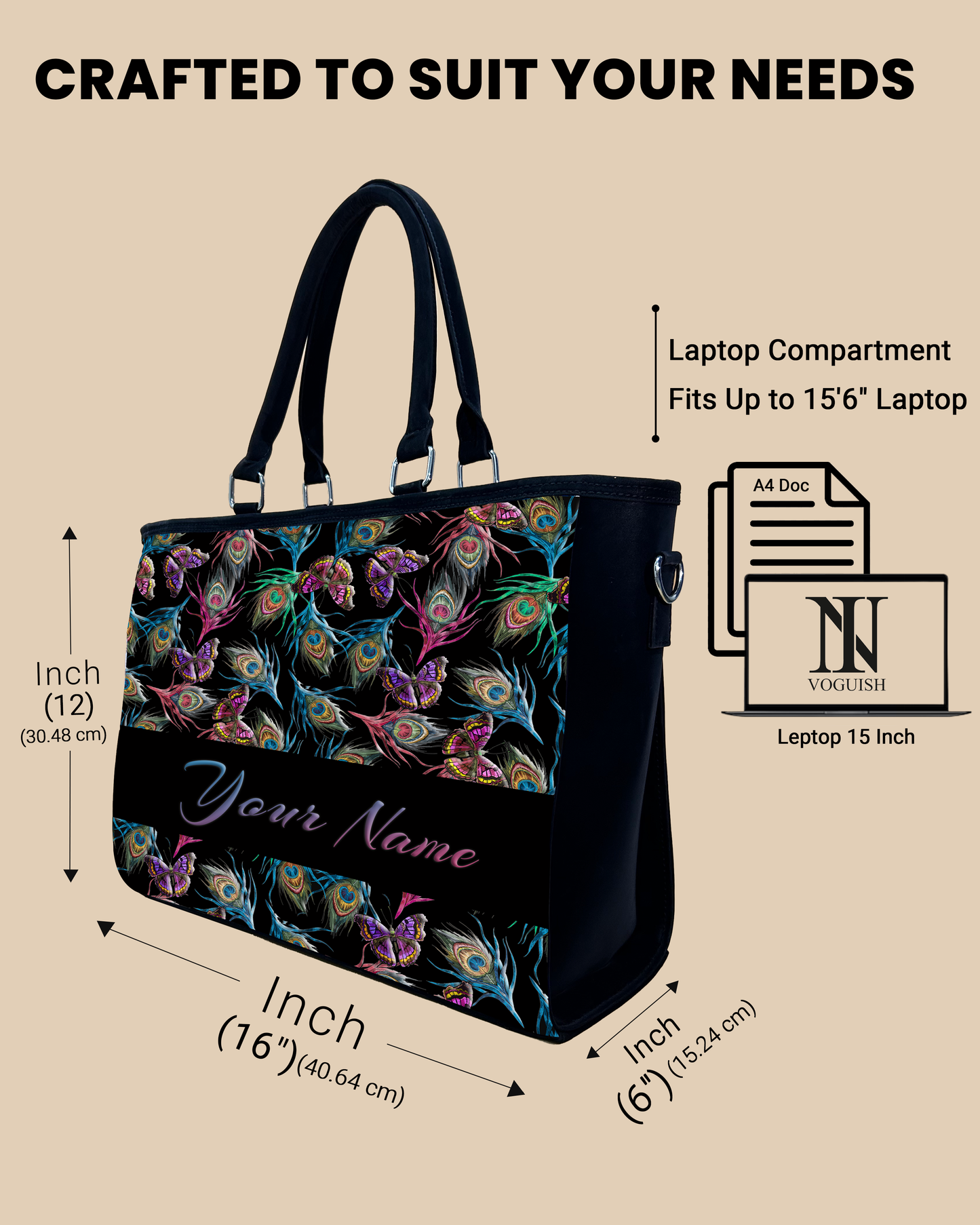 Colorful Peacock Feather And Flying Butterflies Pattern Oversized Tote