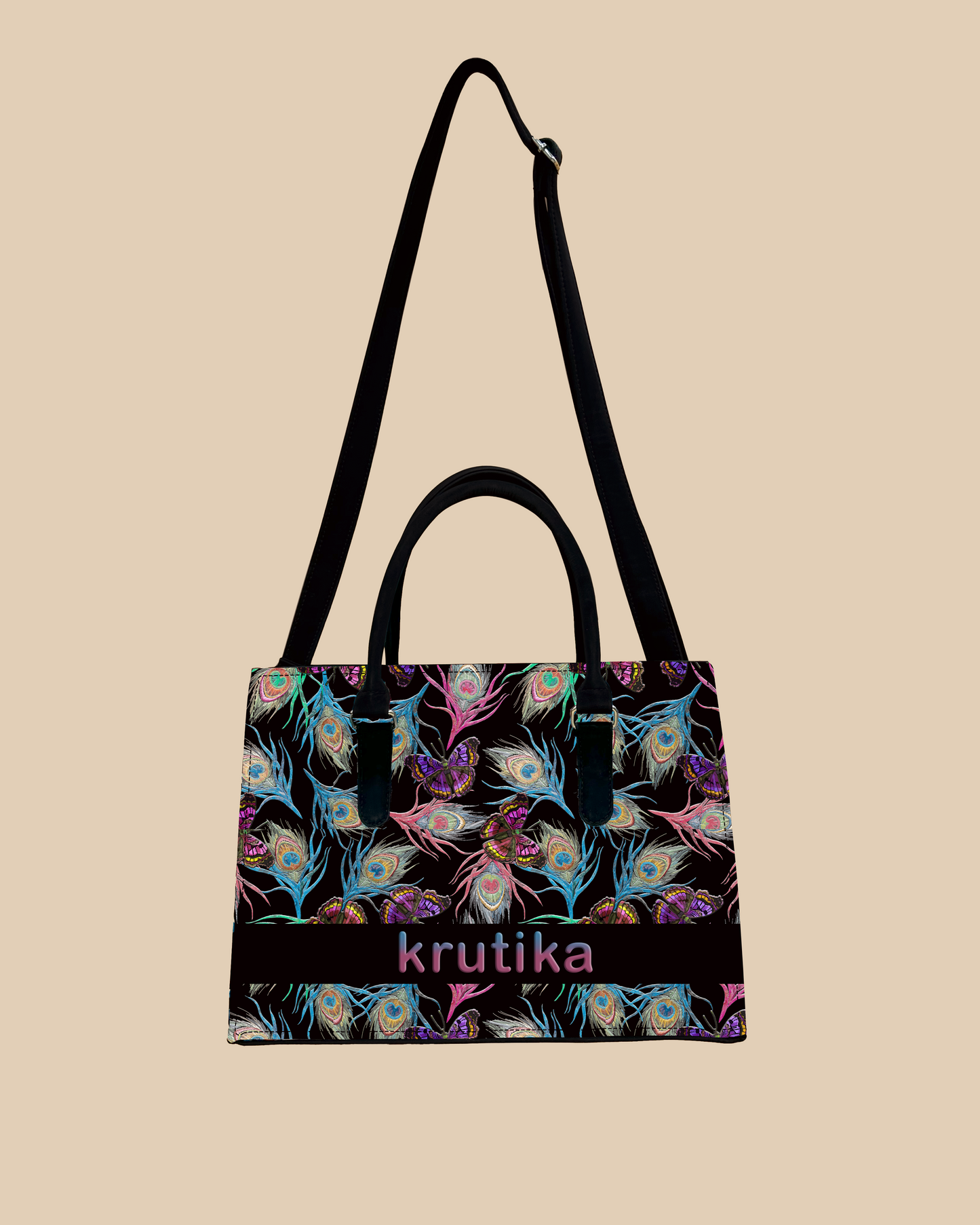 Colorful Peacock Feather And Flying Butterflies Designer Sling Tote