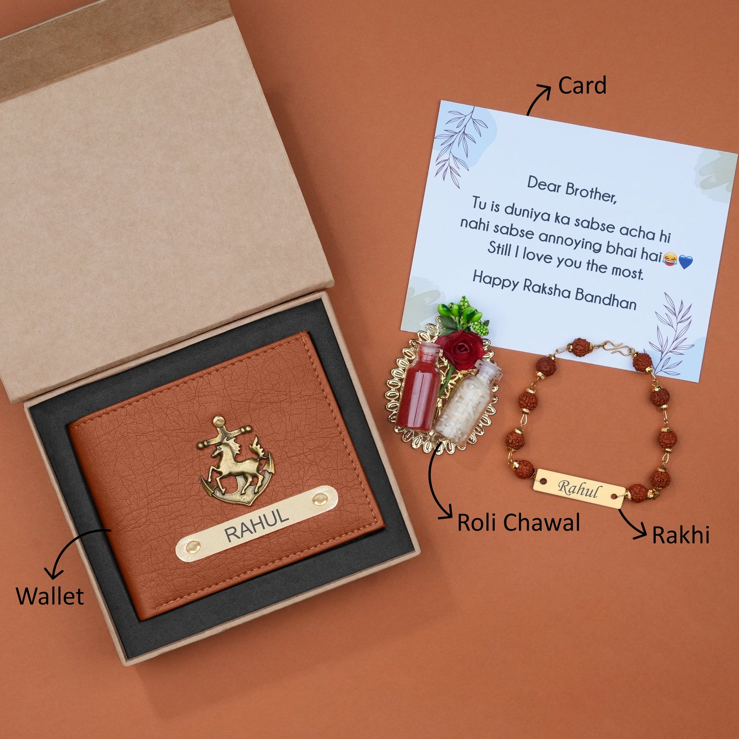 Personalized Premium Leather Wallet, Rudraksh Rakhi & Roli Chawal Gift Set