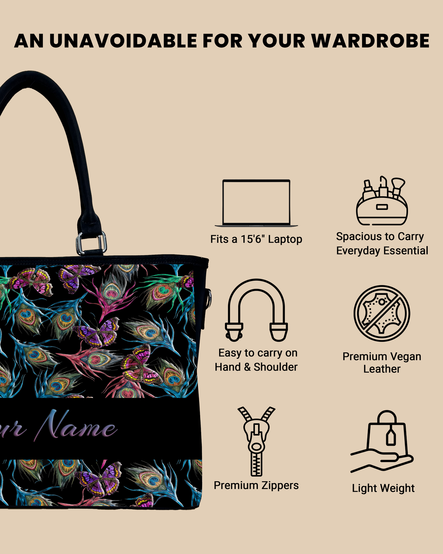 Colorful Peacock Feather And Flying Butterflies Pattern Oversized Tote