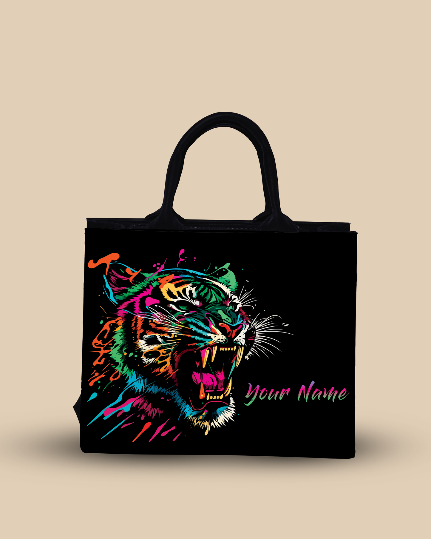 Customized small Tote Bag Designed With Colourfull Roaring Bangal Tiger