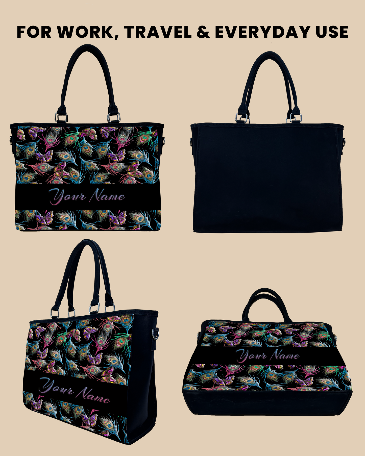 Colorful Peacock Feather And Flying Butterflies Pattern Oversized Tote