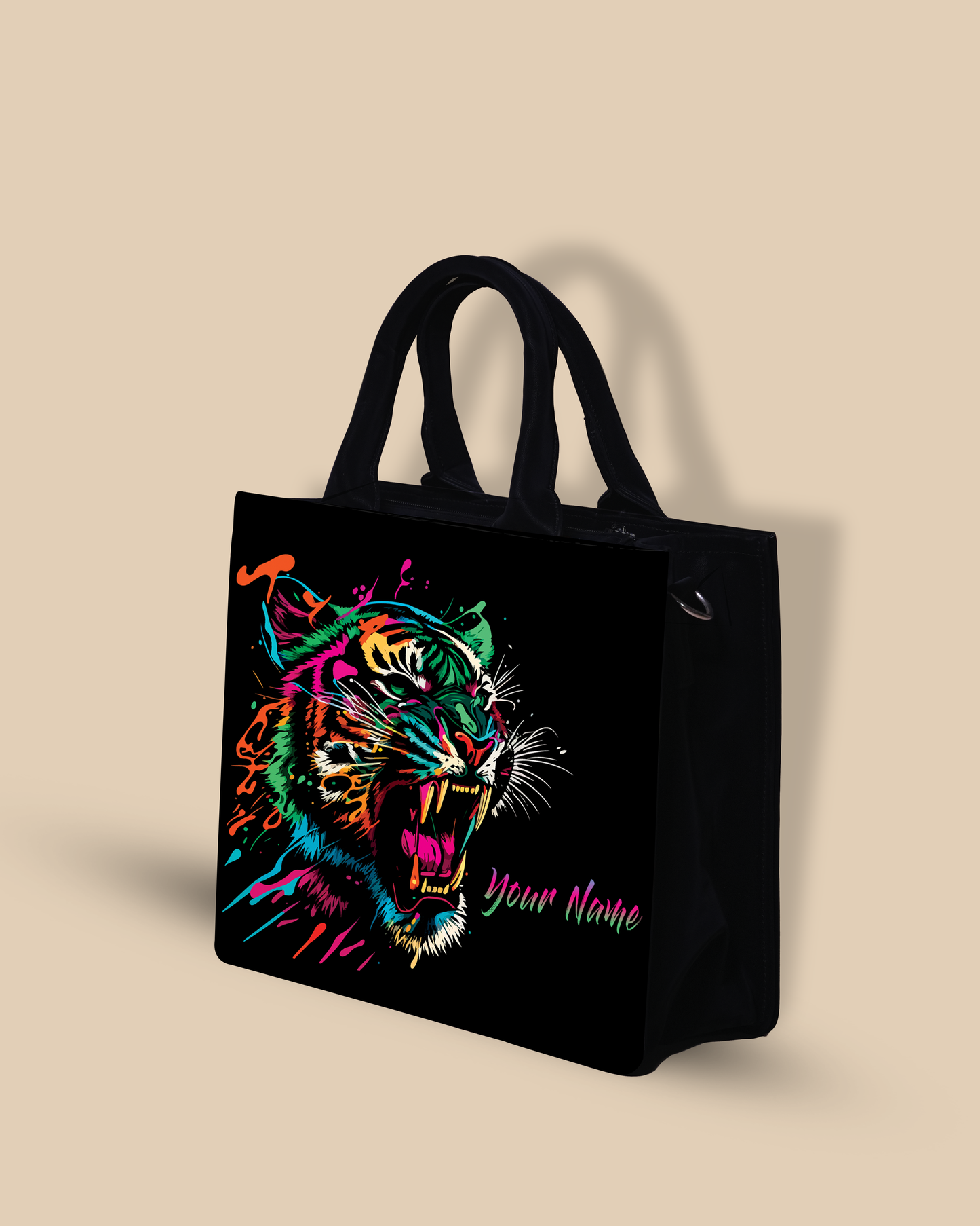 Customized small Tote Bag Designed With Colourfull Roaring Bangal Tiger
