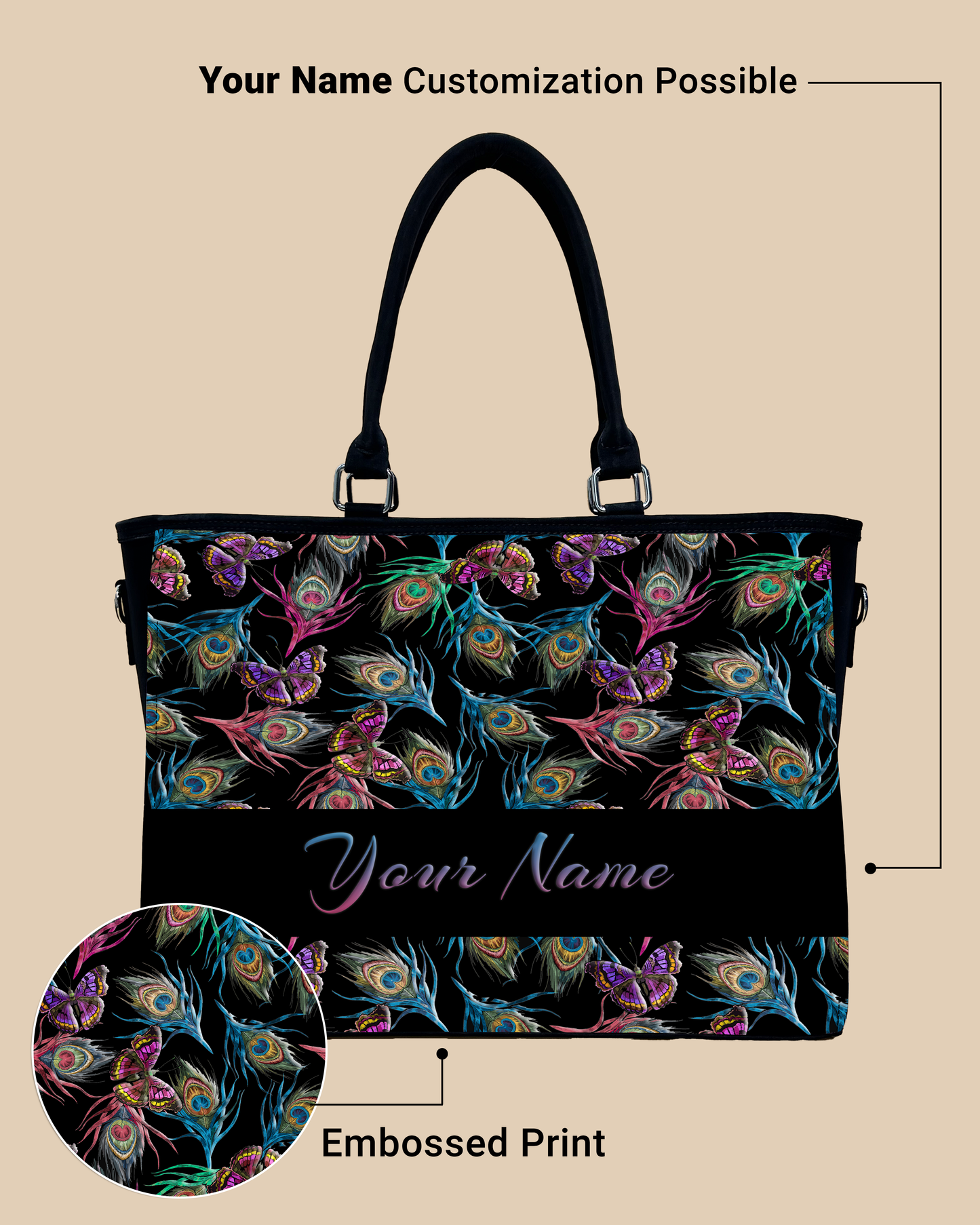 Colorful Peacock Feather And Flying Butterflies Pattern Oversized Tote