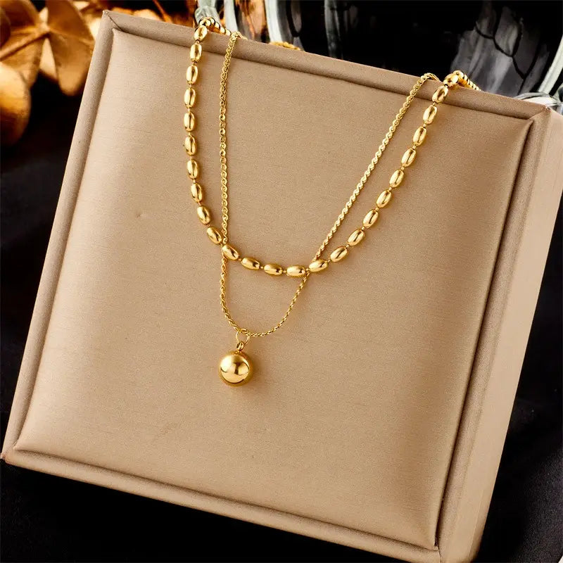 Anti-Tarnish Double Layer Ball Pendent 18K Gold Plated Stainless Steel Necklace