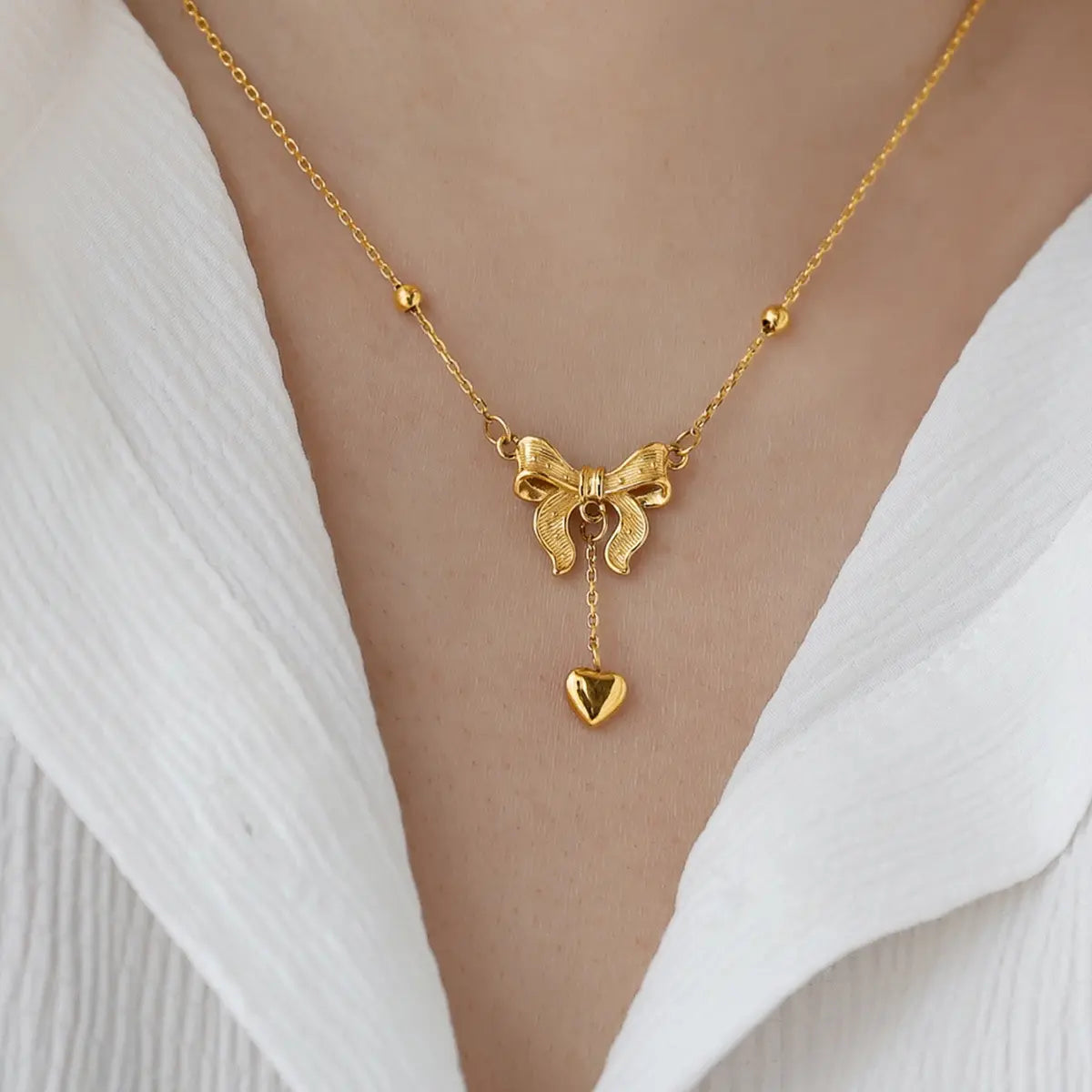 Anti Tarnish 18K Gold Plated Bow necklace Heart Tassel Stainless Steel Necklace