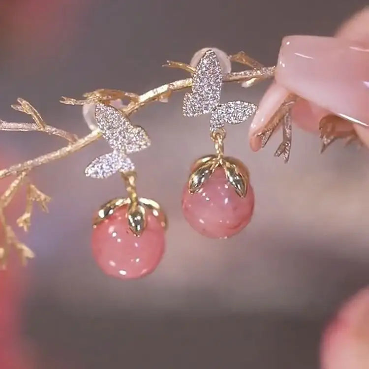 Beautiful Pink Opal Full of Diamonds Butterfly Drop Earrings New Korean Style