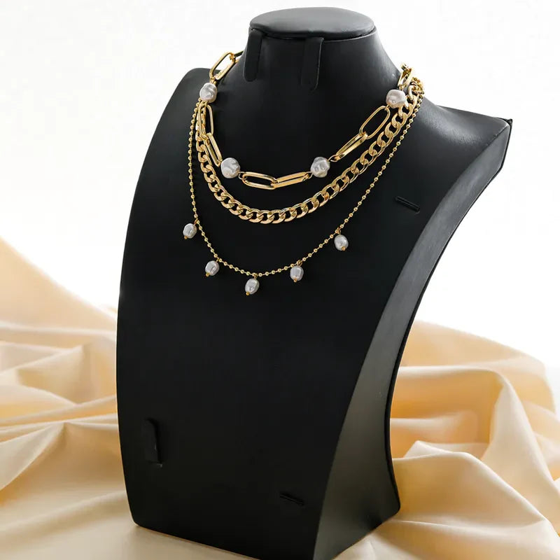Creative Gold Plated Pearl Multi-layer Chain Necklace