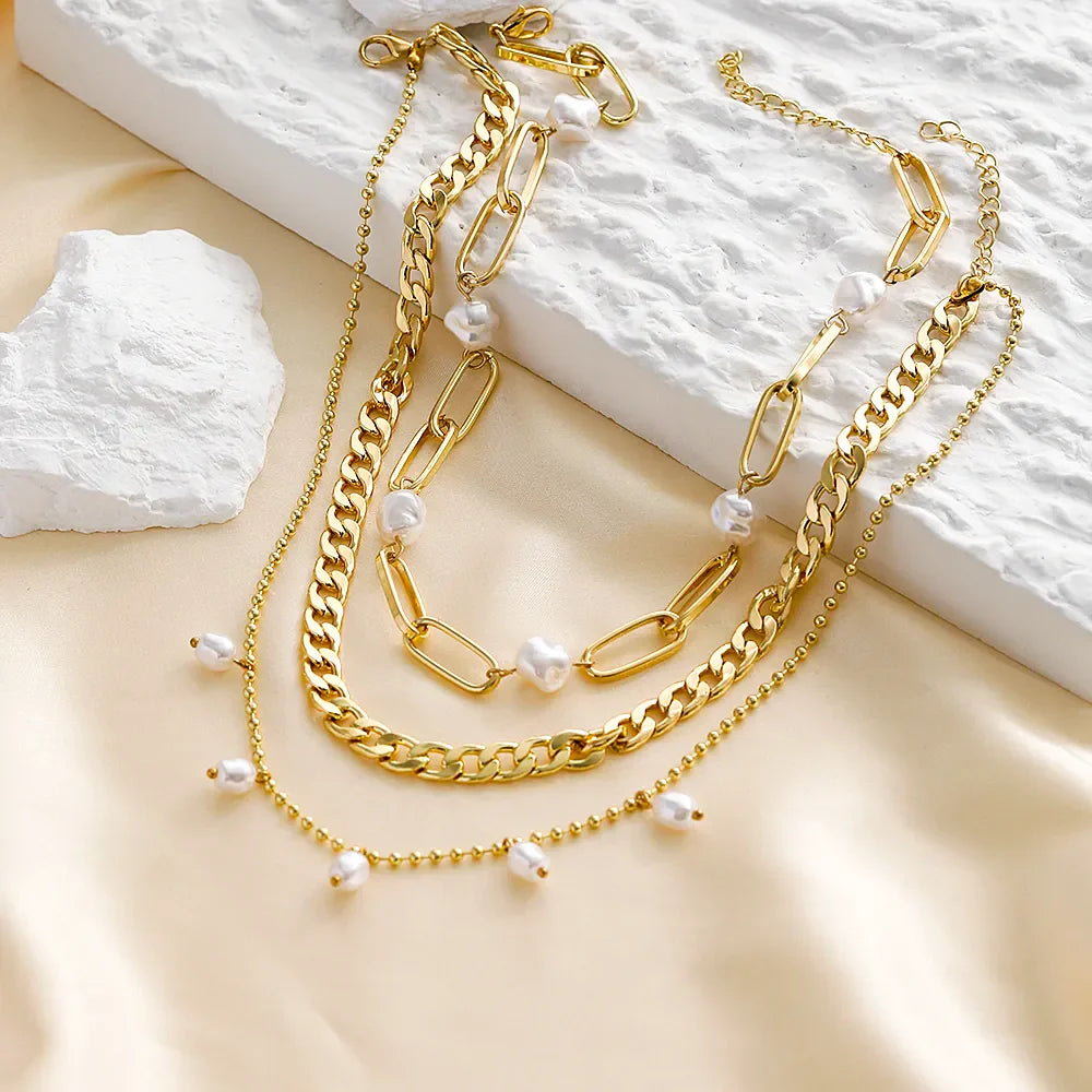 Creative Gold Plated Pearl Multi-layer Chain Necklace
