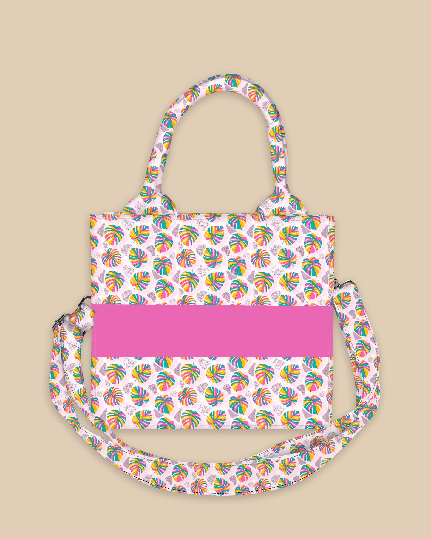 Customized Small Tote Bag Designed with Rainbow Tropical Plam Leaves