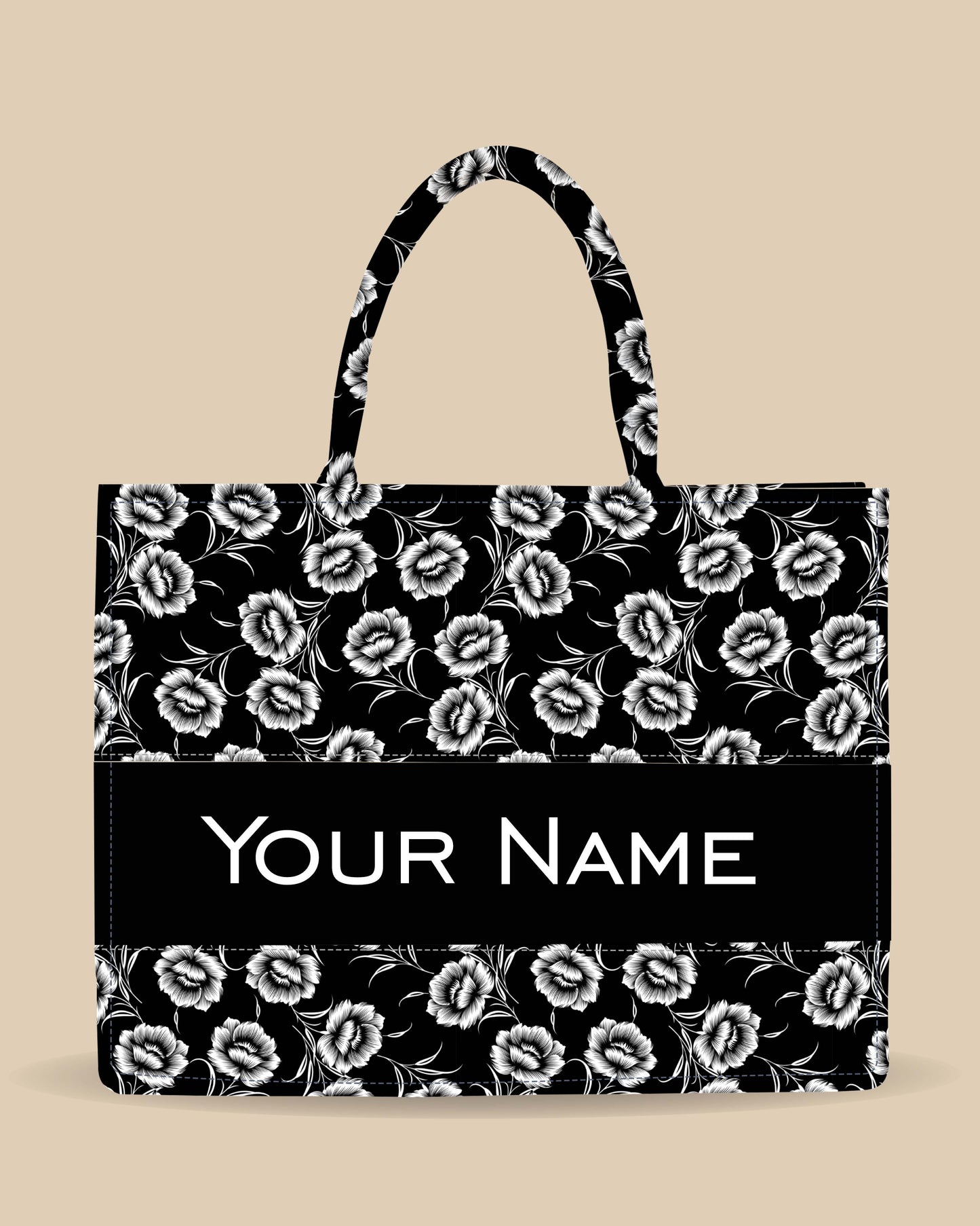 Customized Tote Bag Designed With Black And White Flowers