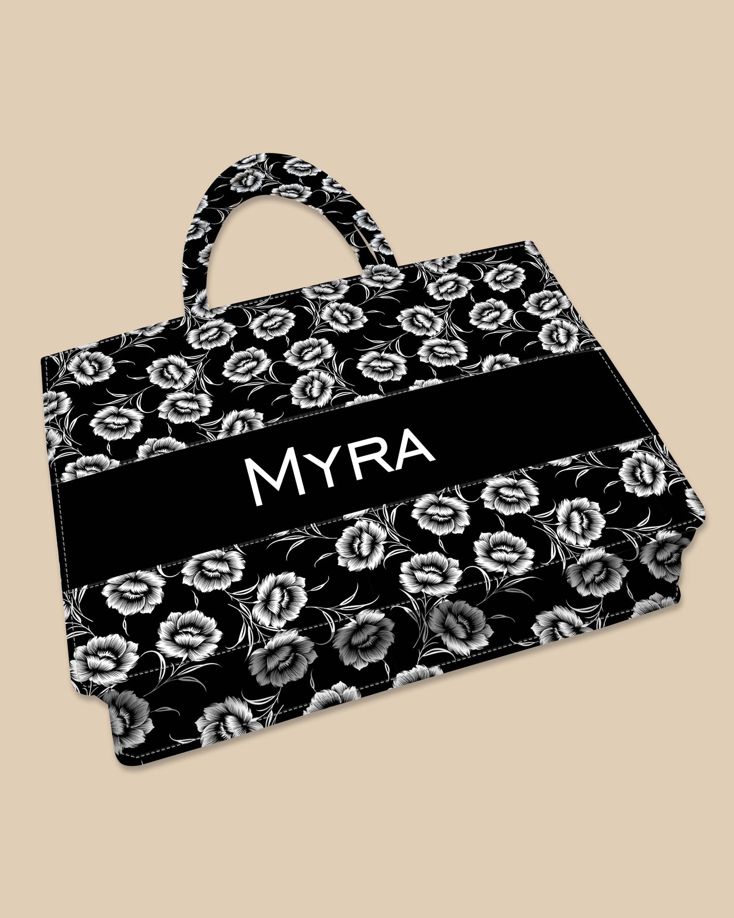 Customized Tote Bag Designed With Black And White Flowers