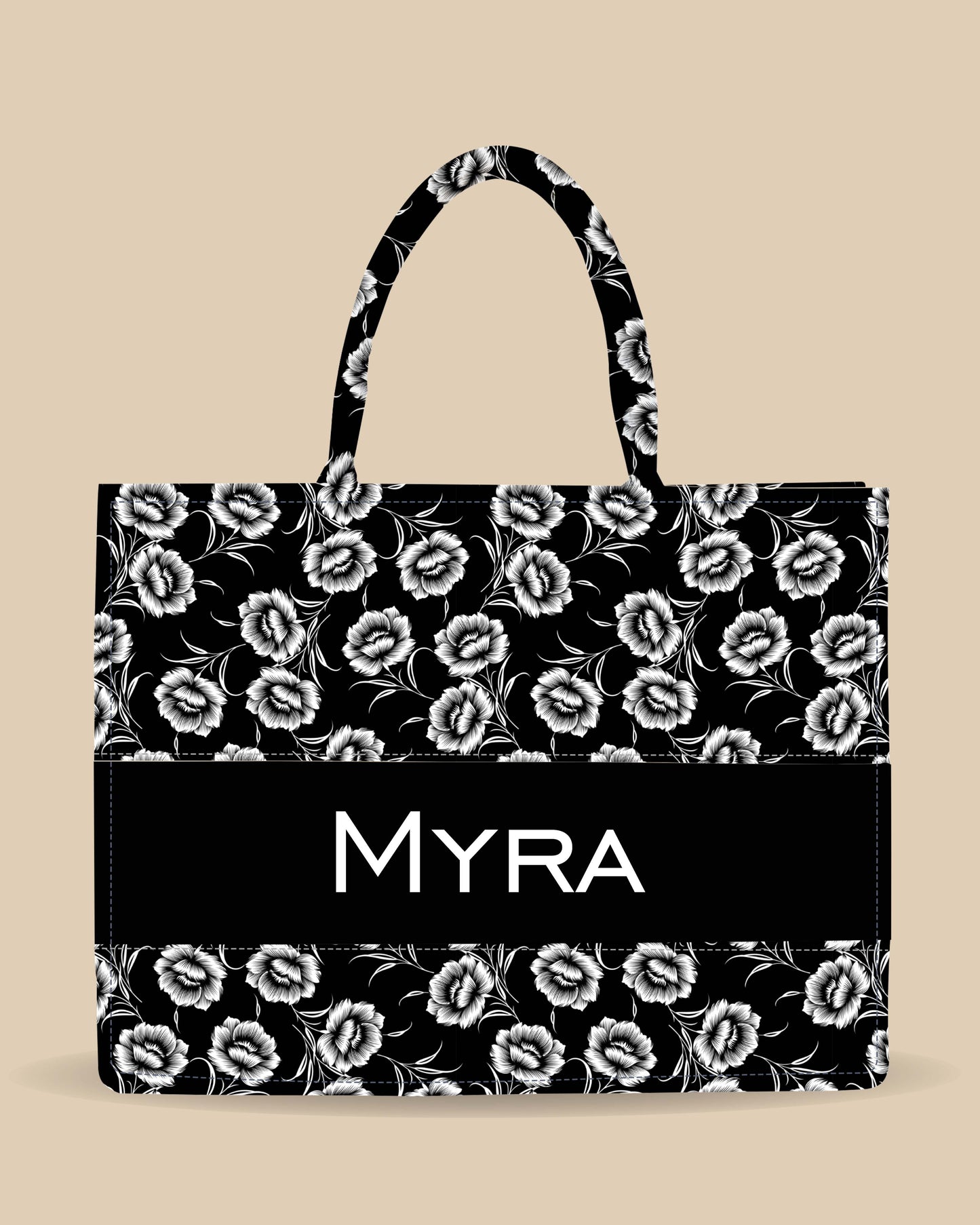 Customized Tote Bag Designed With Black And White Flowers