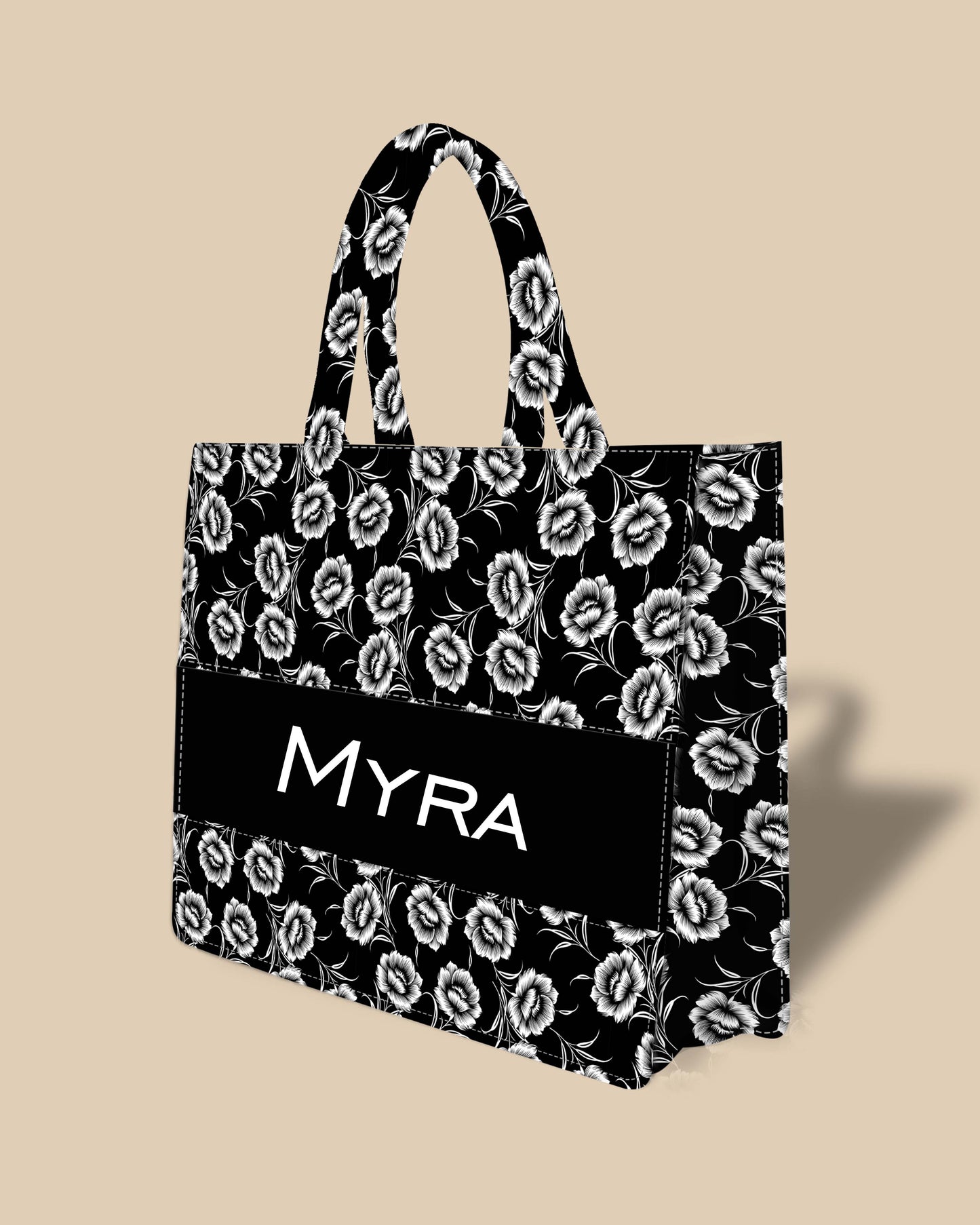 Customized Tote Bag Designed With Black And White Flowers