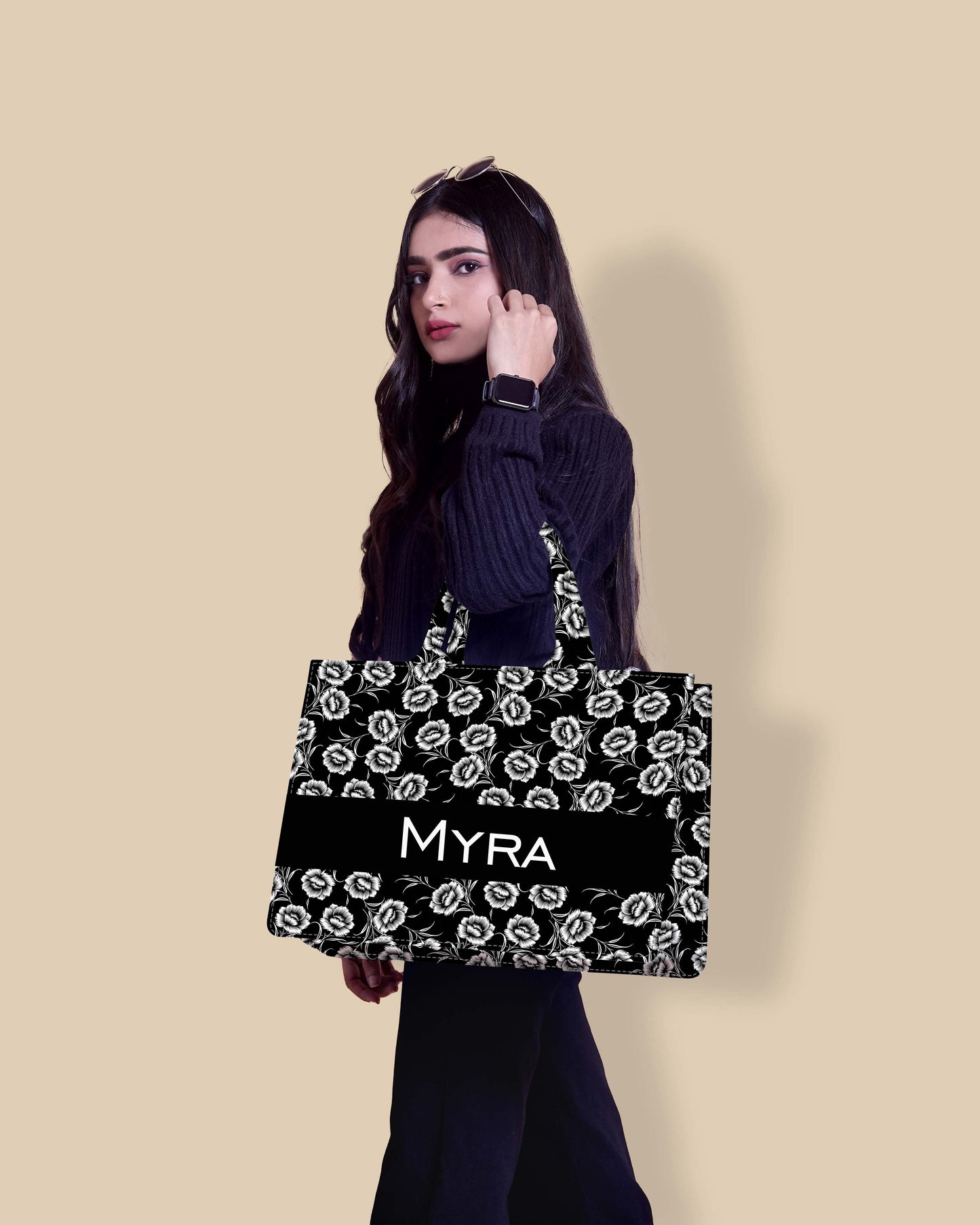 Customized Tote Bag Designed With Black And White Flowers