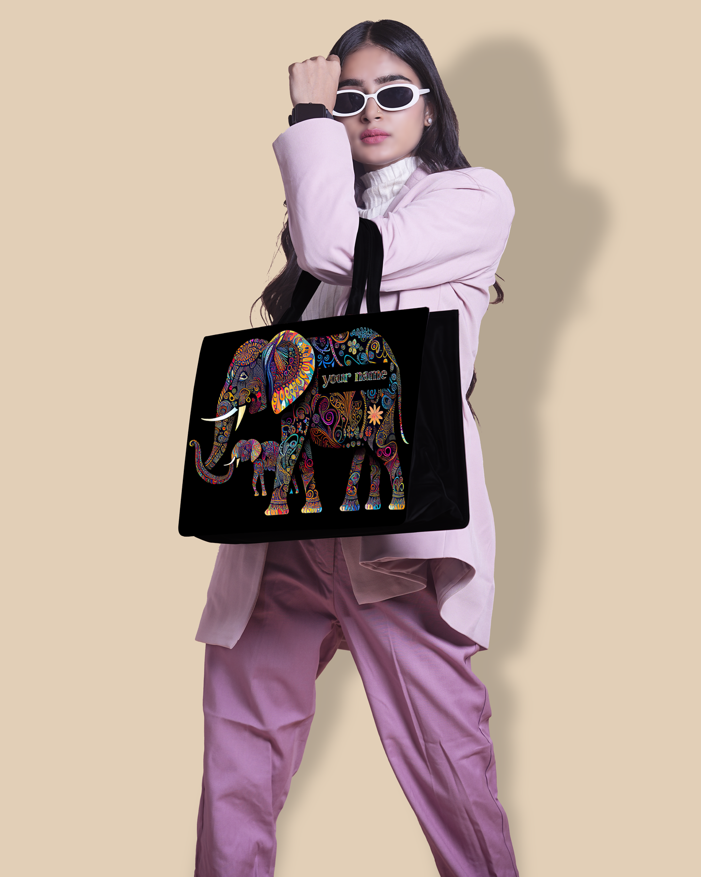 Customized Tote Bag Designed with Baby And Mother Elephant Pattern