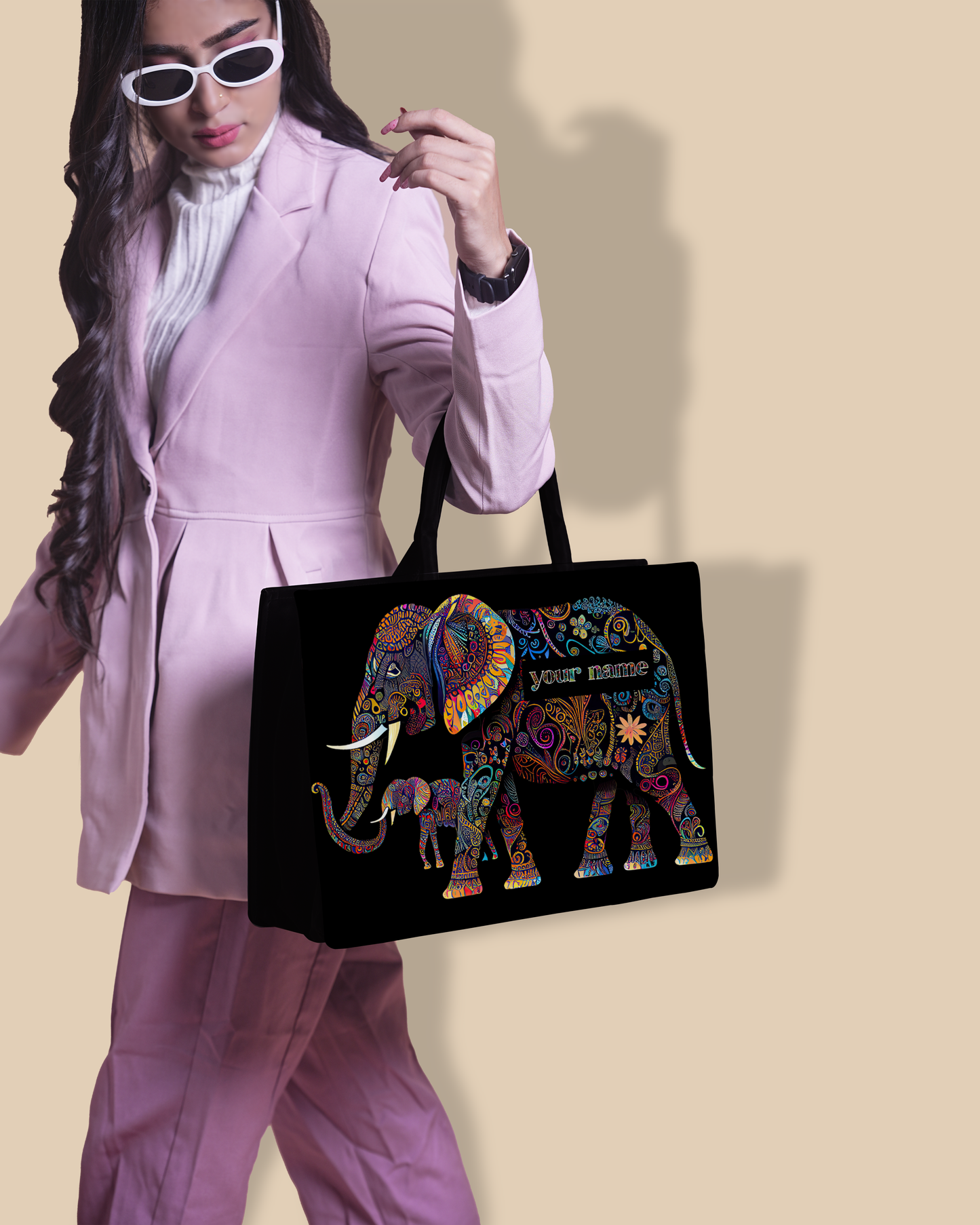 Customized Tote Bag Designed with Baby And Mother Elephant Pattern