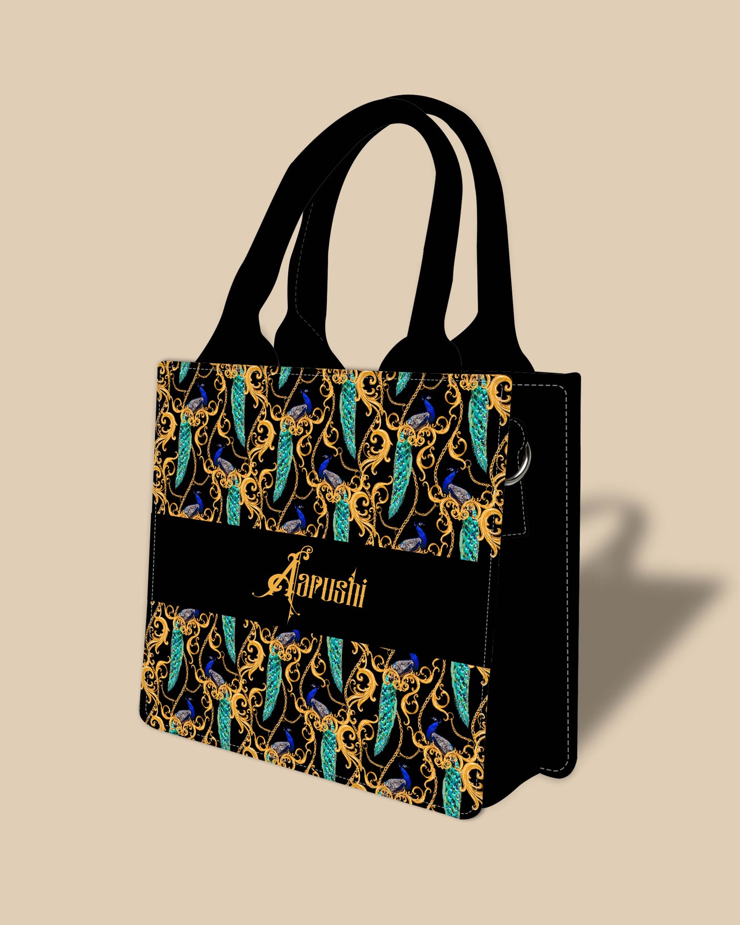 Customized Small Tote Bag Designed with Peacock Clutch Solid Black