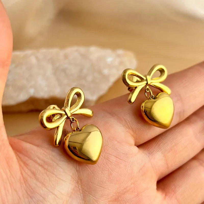 Anti-Tarnish 304 Stainless Steel 18K Gold Plated Elegant Heart Bow Knot Drop Earrings