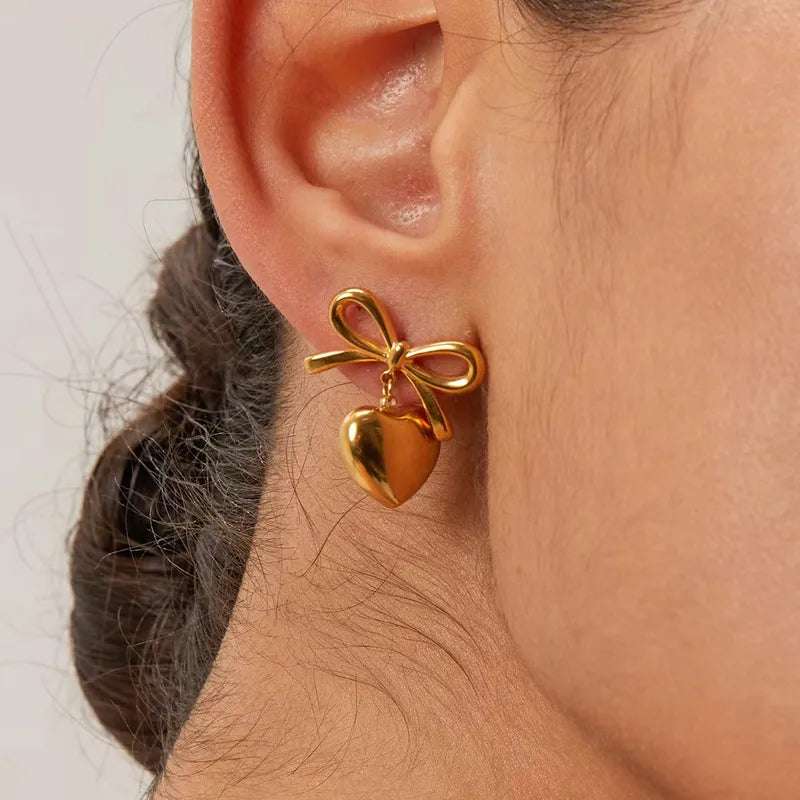 Anti-Tarnish 304 Stainless Steel 18K Gold Plated Elegant Heart Bow Knot Drop Earrings