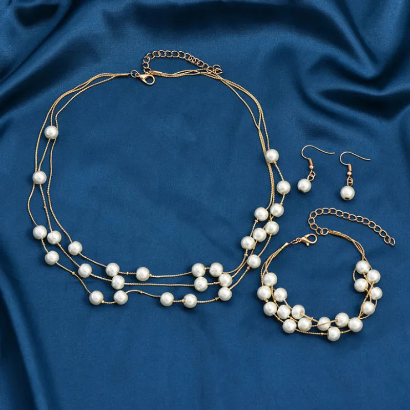 Elegant Style Pearls Bracelets Earrings Necklace Set For Women