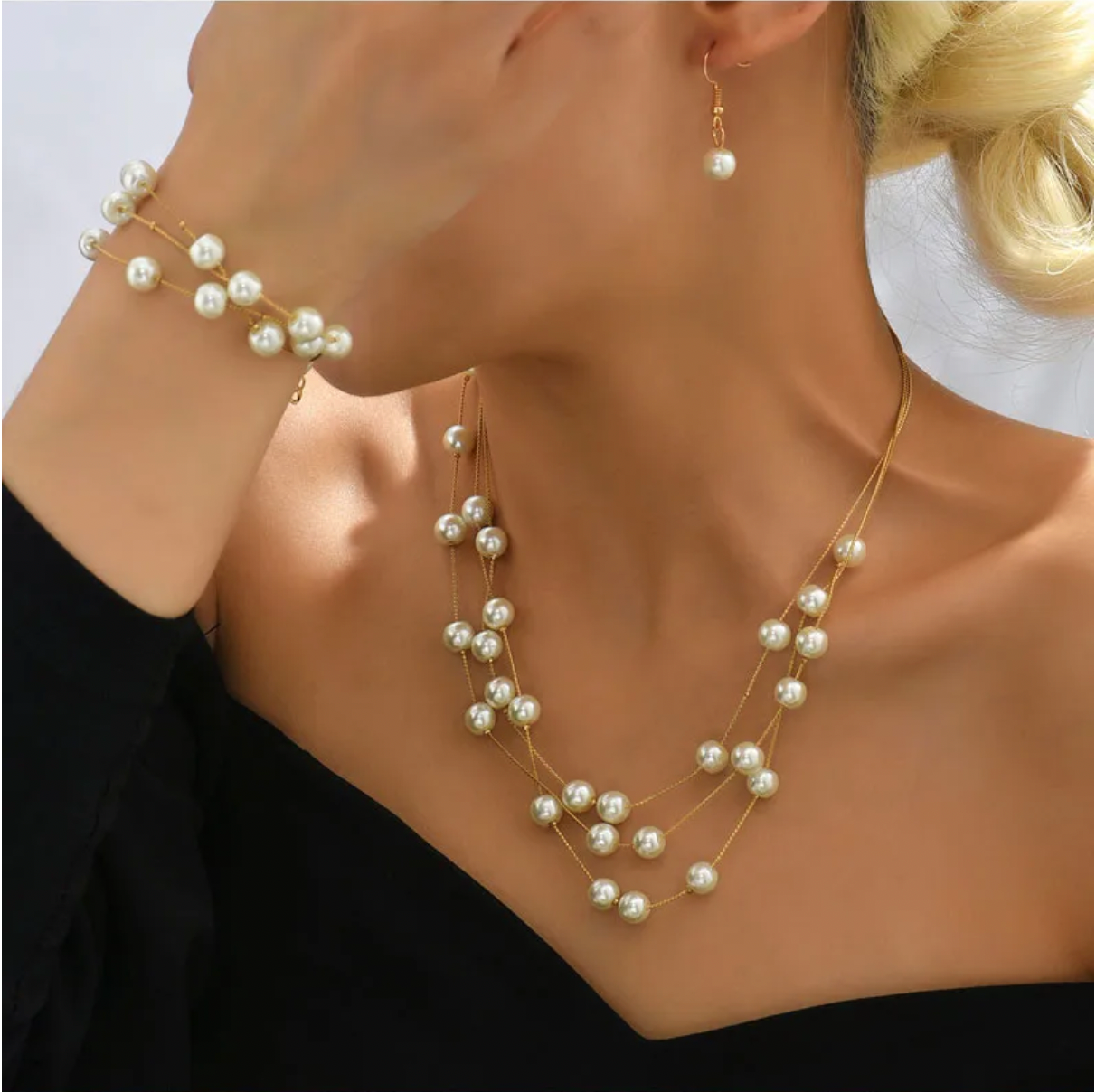Elegant Style Pearls Bracelets Earrings Necklace Set For Women