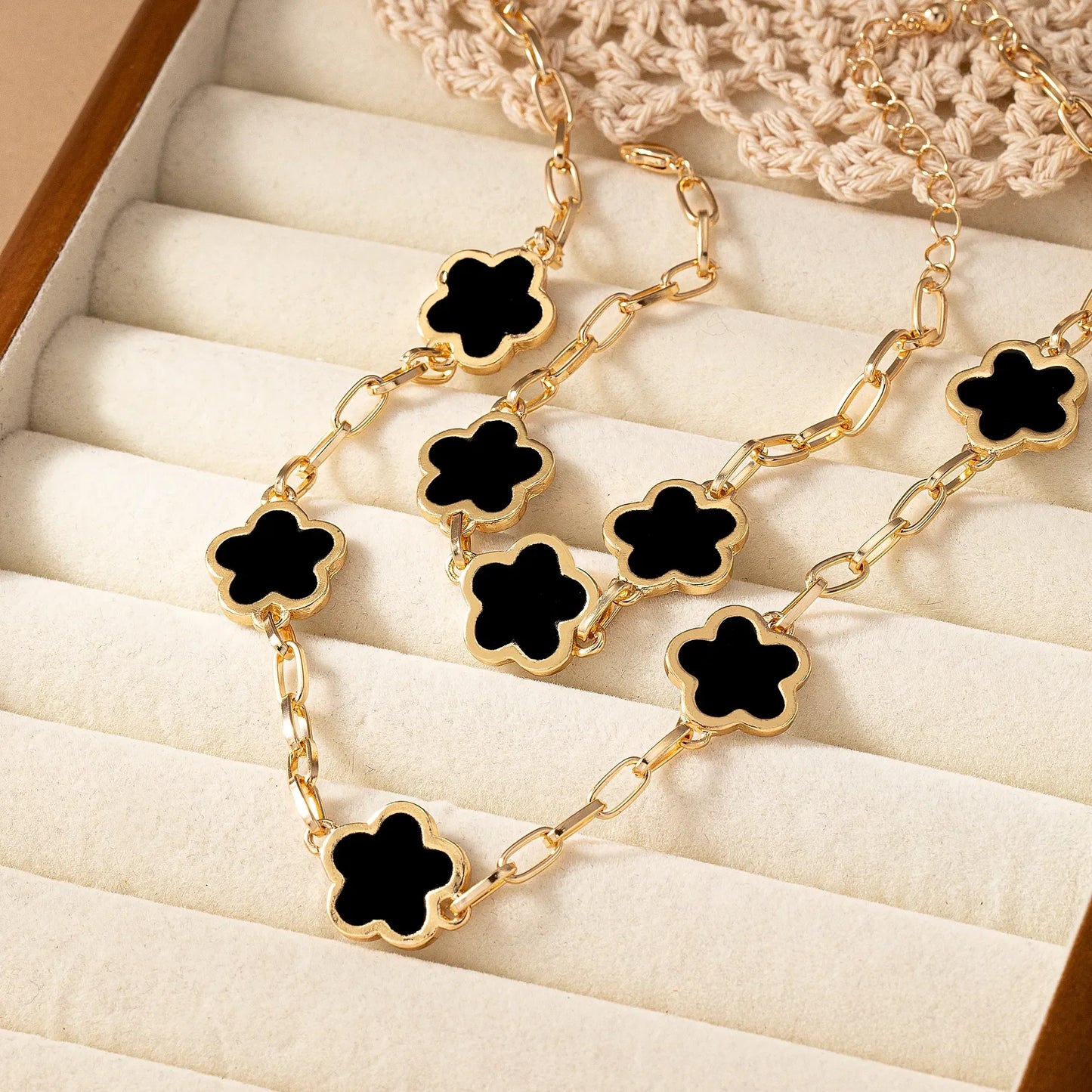Flower Style Gold Plated Black Necklace and Bracelet Set For Women