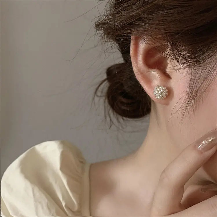Geometric Unique Fireworks Round Ball Pearl Zircon Stud Earrings
