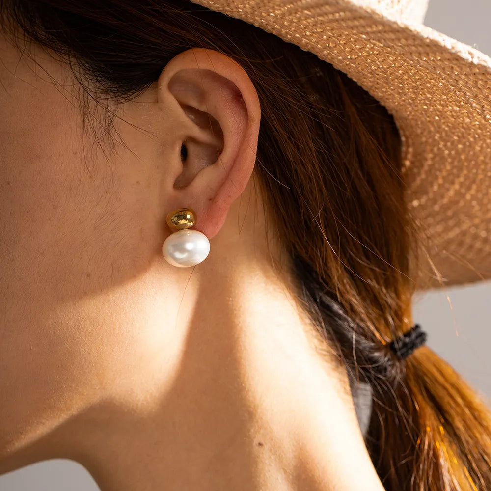 Gold Plated Classic Ball Texture Pearl Stud Earring for Women