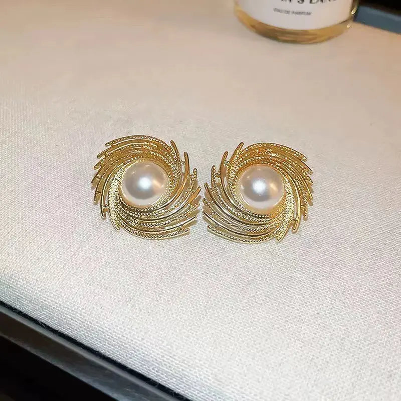 Gold Plated Elegant Irregular Shaped Spiral Eye Pearl Stud Earrings