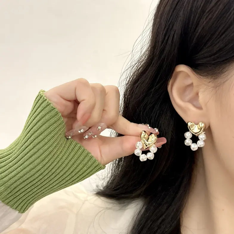 Gold Plated Heart Shaped Pearl Earrings Stud Earring