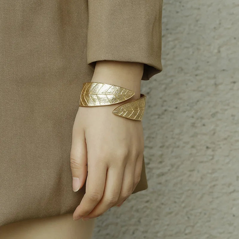 Gold Plated Leaf Style Open Adjustable Bangle