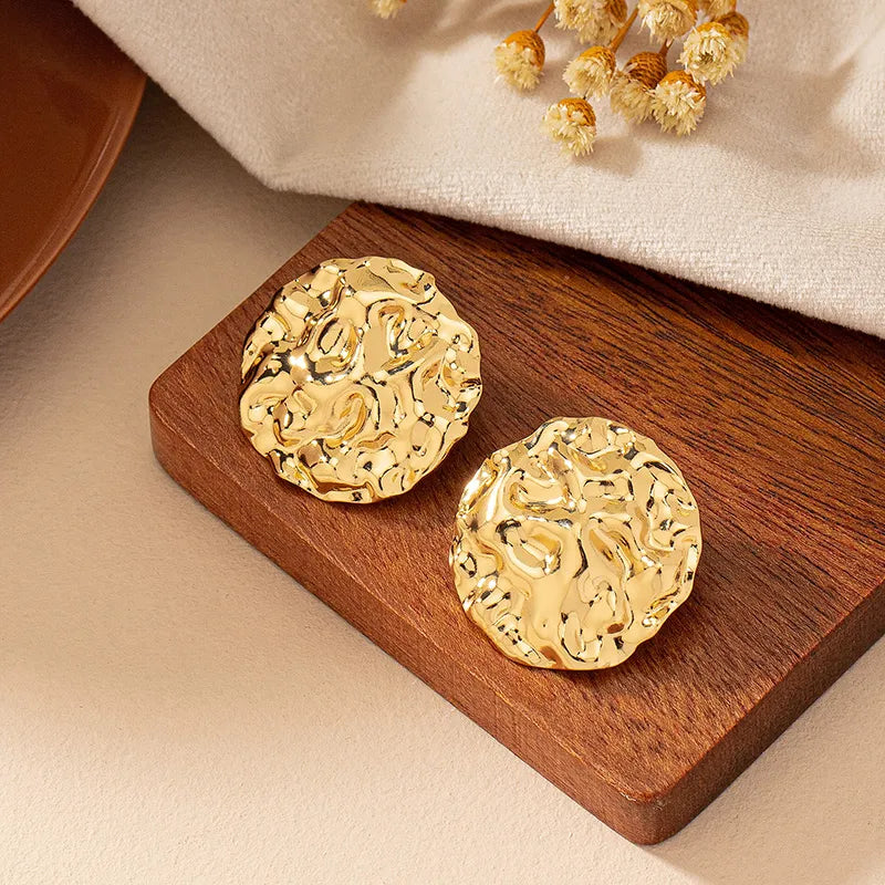 Oversized Gold Plated Metal Uneven Texture Big Round Stud Earring For Woman