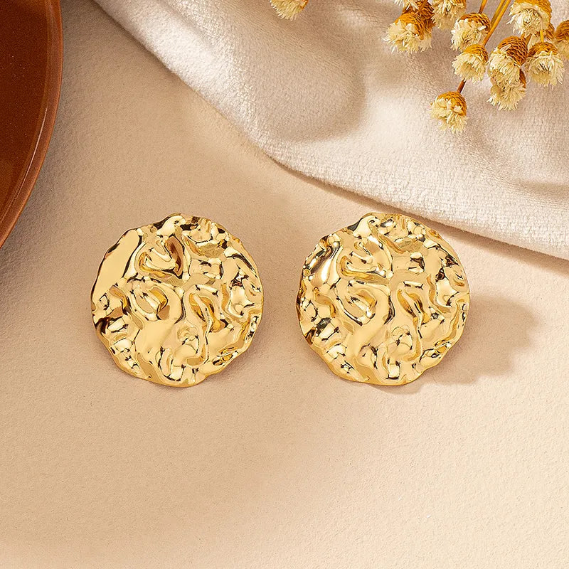Oversized Gold Plated Metal Uneven Texture Big Round Stud Earring For Woman